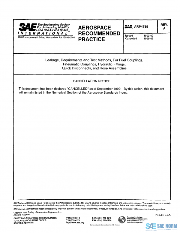 SAE ARP 4785 Series PDF