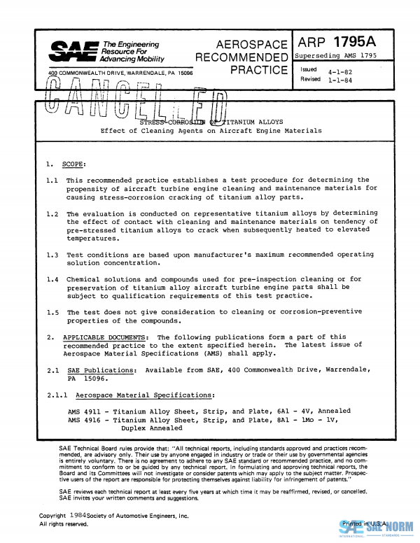 SAE ARP 1795 Series PDF