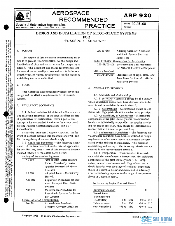 SAE ARP 920 Series PDF